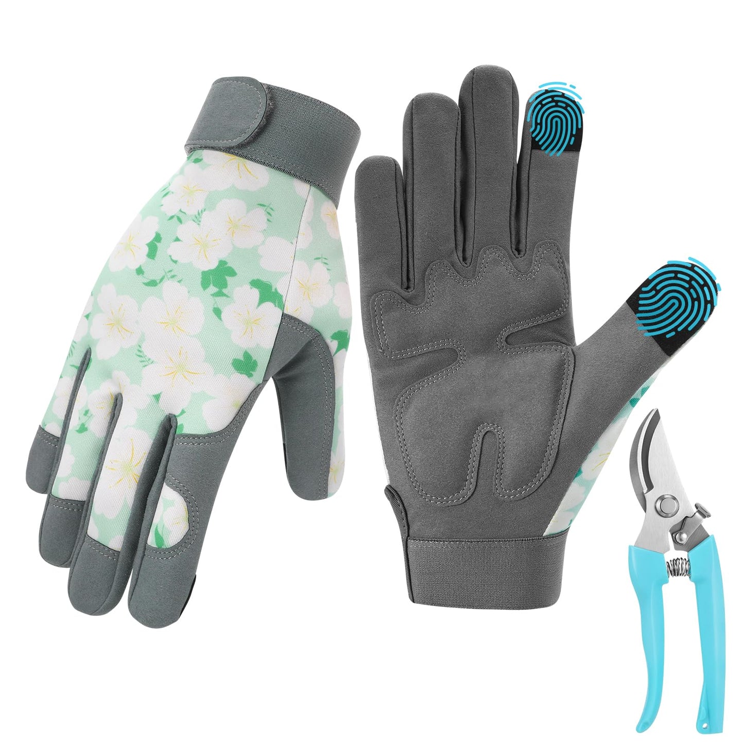 Garden Pruning Shears Set with Gardening Work Gloves & Stainless Steel Trimming Scissors for Flowers, Herbs & Small Branches, Puncture Resistant Anti-Slip Flexible