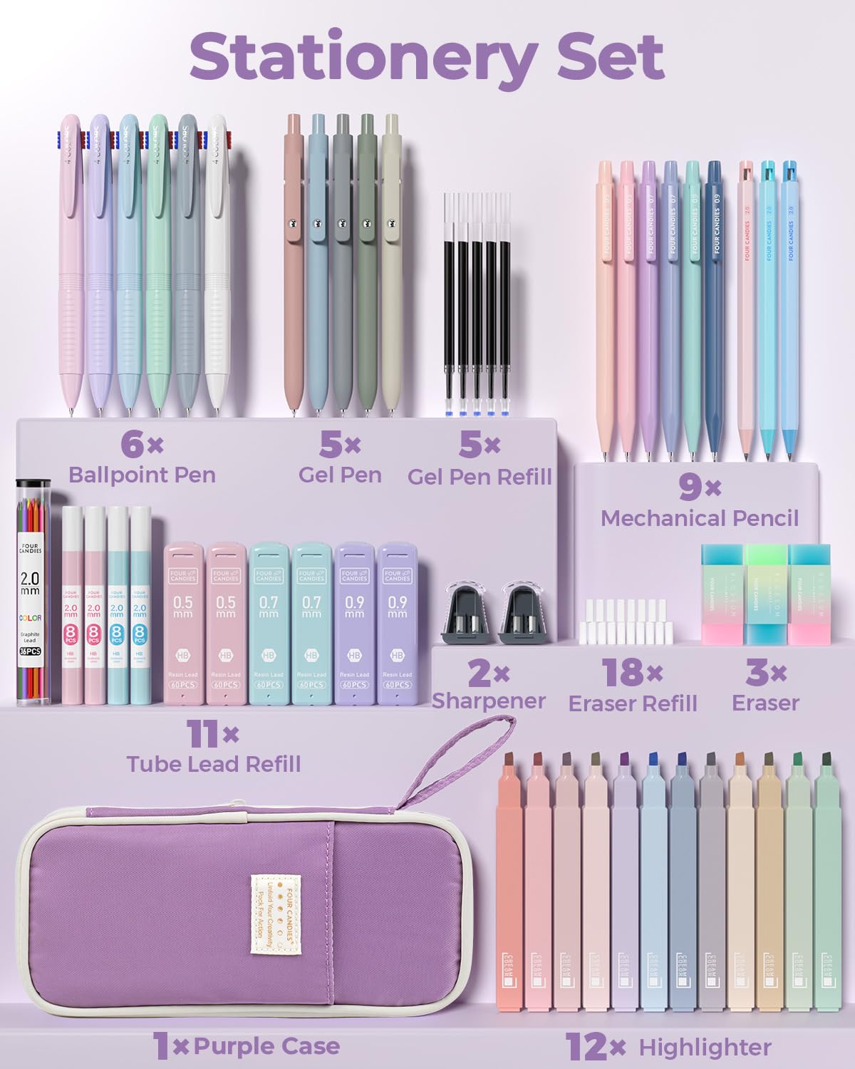 Four Candies 56 PCS Stationery Set, Cute Storage Case with Supplies, 6 Multicolor Pens, 12 Pastel Highlighters, 5 Gel Pens Black Ink, 9 Mechanical Pencils for College Essentials Stuff (Purple)
