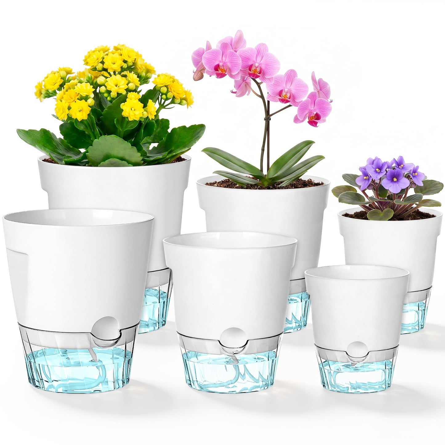 Hayder 5/6/7 Inch Self Watering Pots for Indoor Outdoor Plants 6 Pack, Plastic Planter with Drainage Holes, Water Level Indicator & Deep Clear Reservoir, Modern Decorative Flower Pots