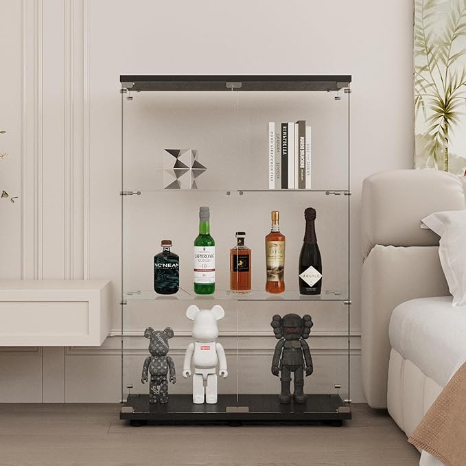 Display Cabinet with Glass Door and Lock, 3-Shelf Fast Installation Curio