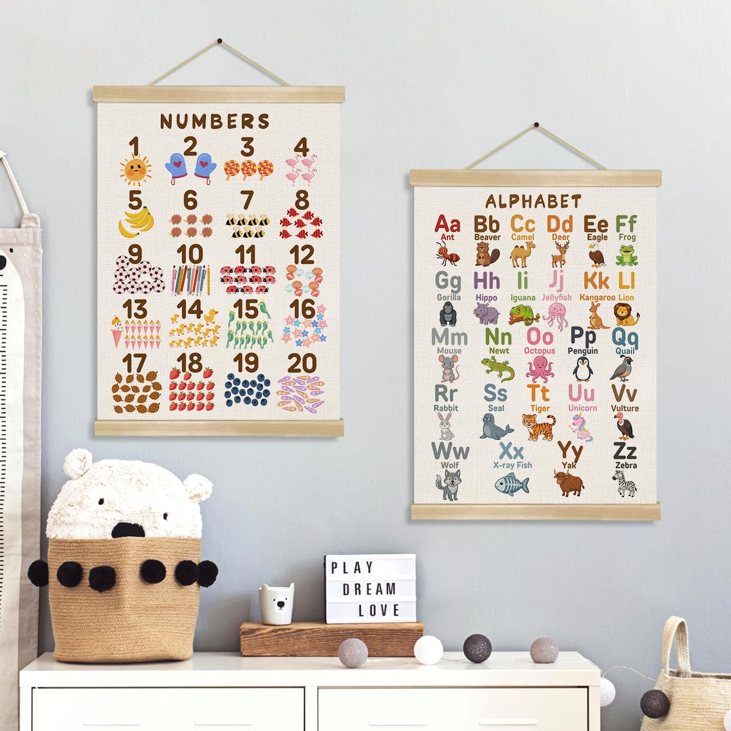 Alphabet and Numbers Chart Poster Set of 2, Alphabet Numbers Wall Art 14x18.5inch,ABC Banner Posters, Banner Wall Hanging Decor for Toddler Room Playroom Nursery Wall Classroom Decor (Sakura Pink ABC&123)
