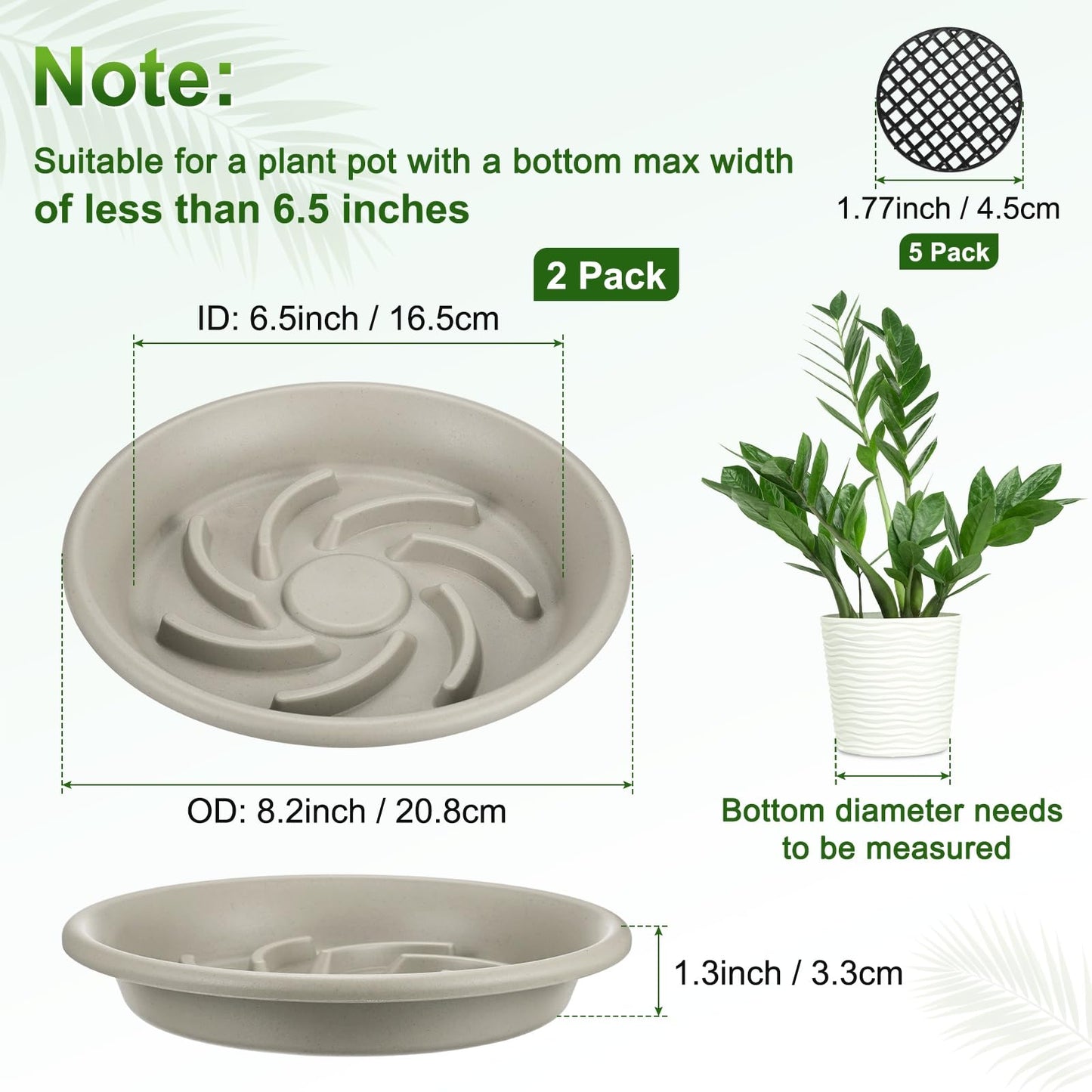 M METERXITY 2-Pack Plant Saucer, 6.5 Inch/ 16.5cm Plastic Plant Trays Thicker for Pots/Indoor/Outdoor/Water Drainage and Protection, Flowerpot Drip Tray [Grayish White]