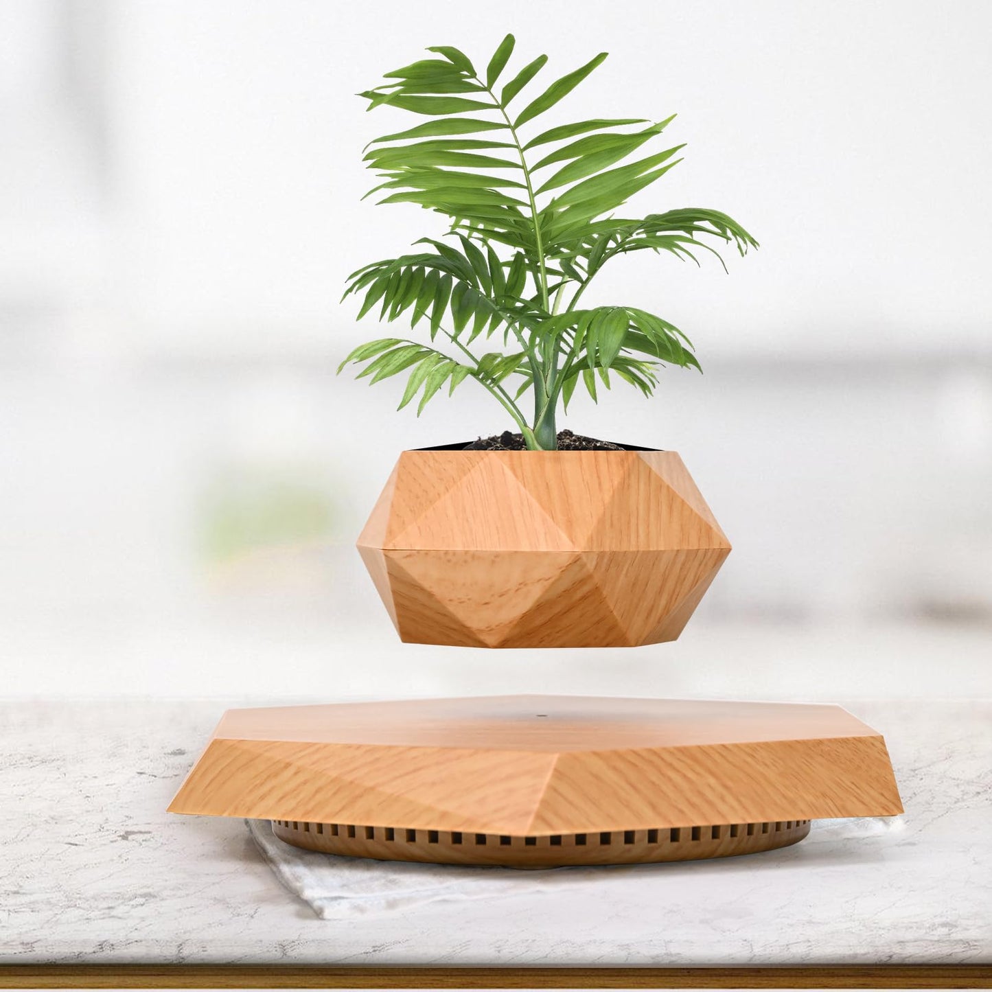 Leekimid Levitating Plant Pot, Magnetic Levitation Flower Pot Suspension Floating Plant Succulents, Air Bonsai Potted Plant for Home Decoration, Living Room, Office, Desk (Wood)
