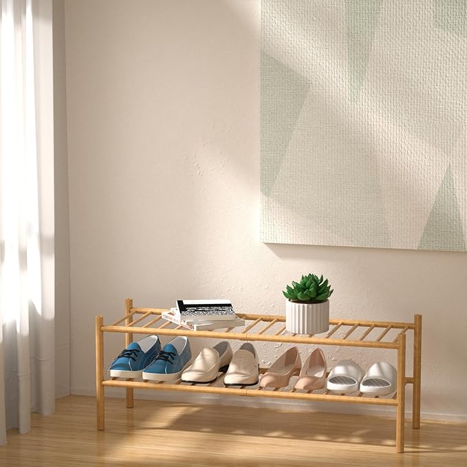 ROMGUAR CRAFT 2-Tier Bamboo Long Shoe Rack, Free Standing Wood Shoe Shelf