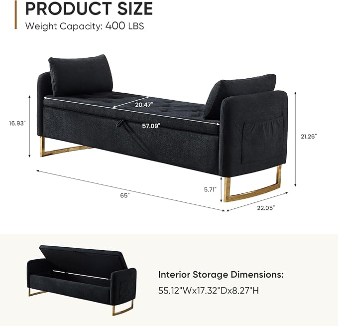 65" Storage Ottoman Bench, Chenille Storage Bench
