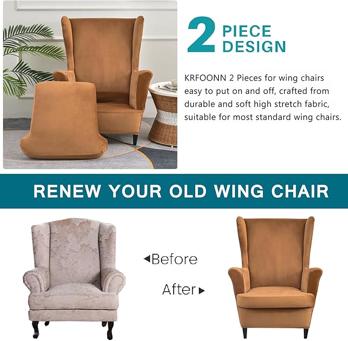 KRFOONN Wingback Chair Cover Slipcovers 2 Piece Stretch Velvet Plush Wing Chair