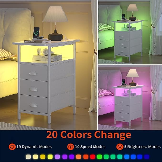 sthmec End Table with Charging Station, LED Side Tables with USB Ports and