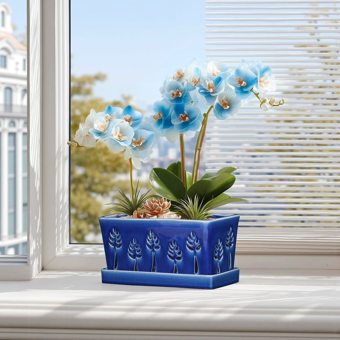 BUYMAX 10 Inch Rectangle Ceramic Orchid Pots with Holes, Heavy Duty Handmade Ceramic Plant Pot with Drainage and Saucer, Accommodate 2 Orchids, Enhance Good Ventilation - Blue