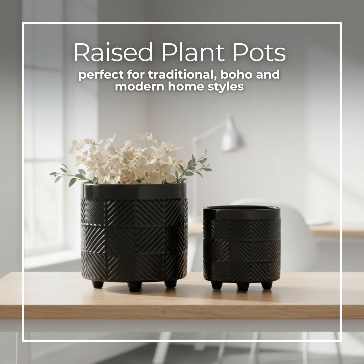 Set of 2 Ceramic Decorative Footed Planter Pot – Outdoor & Indoor Plant Pot with Embossed Textured Finish – Elegant and Modern Garden & Home Decor Ceramic Planters – 7" & 8", Black