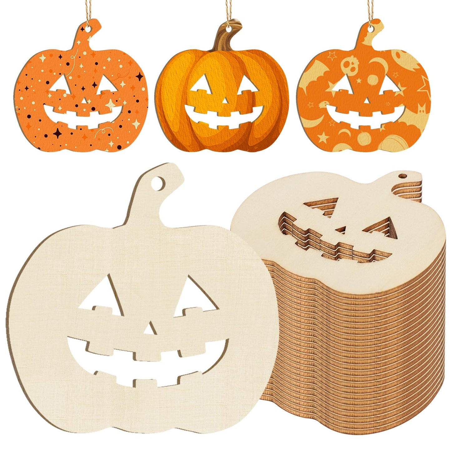 Wooden Pumpkins Ornaments to Paint Halloween Thanksgiving Decoration Cutouts Unfinished 24PCS, DIY Blank Unfinished Pumpkin Wood Discs Ornament for Home Harvest Crafts Hanging Autumn Decorations