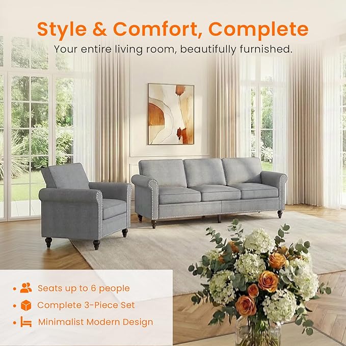 2 Piece Living Room Sofa Sets, Modern 3 Seater Couch and Armchair Sets