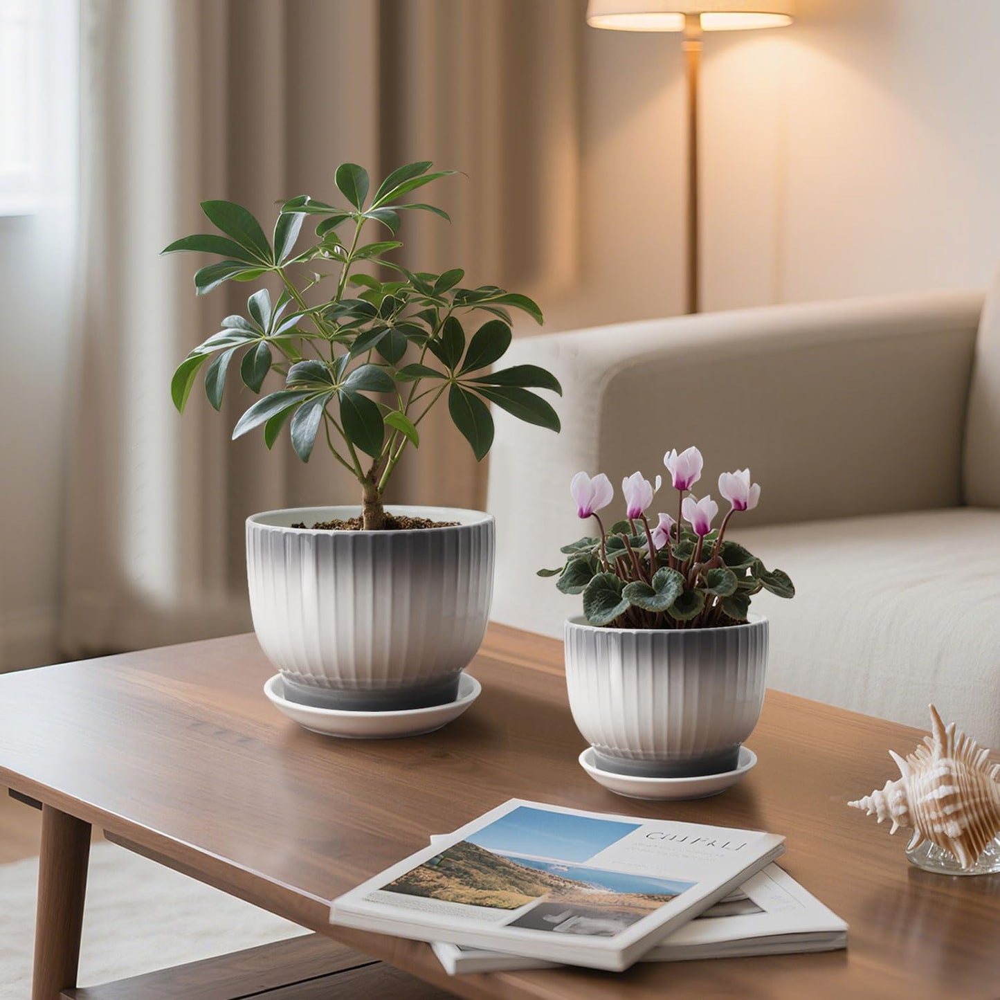 YUFDA 6.7 + 5.5 Inch Ceramic Plant Pots,Planters with Drainage and Saucer,Indoor Pots for Plants,Modern Flower Pots for Home and Office（Gray + White）
