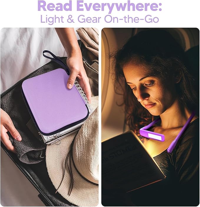Voilet Neck Light with Storage Case, 10-80Hrs Eye-friendly Book Reading Light, Knitting Crochet Sewing Craft Light Rechargeable Adjustable, Christmas Birthday Gifts for Book Lovers Knitters Crafters