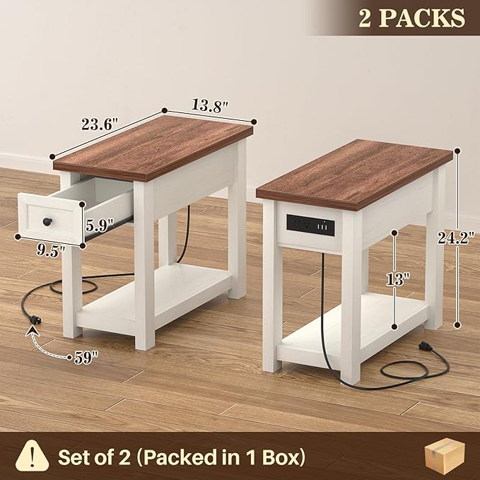 Narrow End Table Set of 2 with Charging Station
