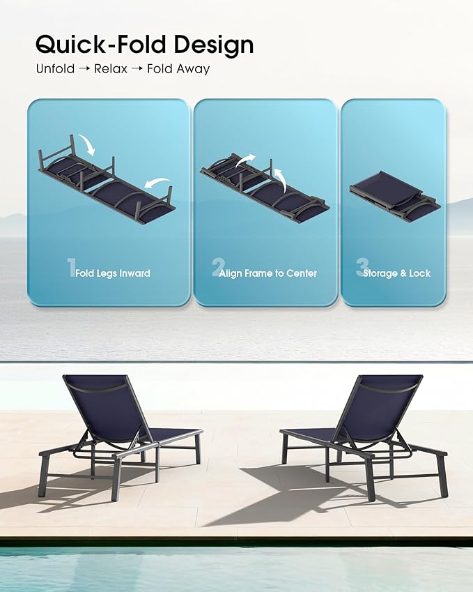 Ciokea Foldable Outdoor Lounge Chair, No Assembly Patio Chaise Lounge Outdoor