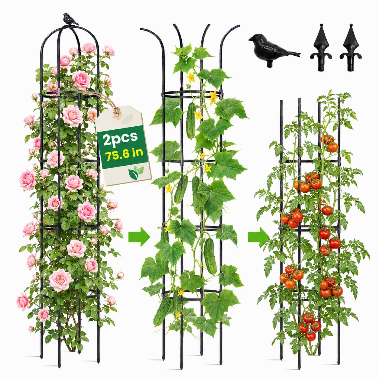 Garden Obelisk Trellis for Climbing Plants Outdoor, 6.3 ft Tall Trellis for Roses Clematis Jasmine Ivy Flower Light Climbing Vines Potted Plant Support, Patio, Yard, Black, 2PCS