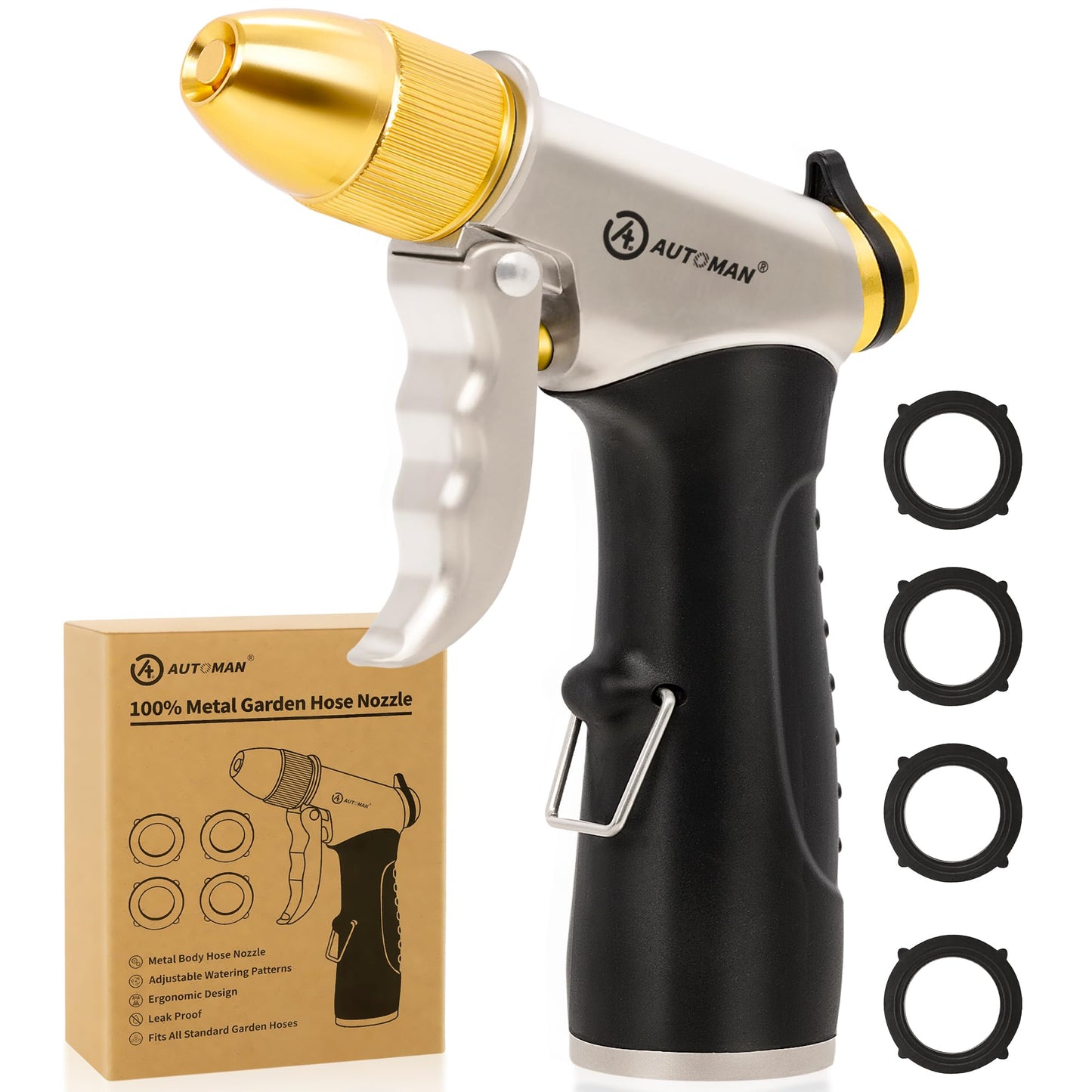 AUTOMAN Metal Hose Nozzle, High Pressure Garden Hose Sprayer, 100% Metal Water Hose Nozzle, Adjustable Watering Nozzle, Heavy Duty Garden Nozzle for Watering Plants & Lawns, Washing Cars & Pets