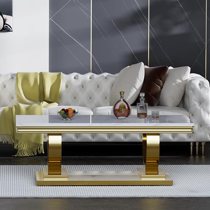 2 Piece Living Room Table Set Include 1 Faux Marble Coffee Table & 1 Console Table, Modern White Gold Coffee Table Set of 2 with Double O Shape Stainless Steel Pedestal Base