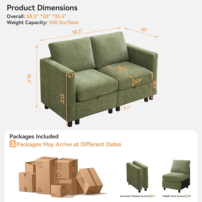 WUTUTUEE 58”Modular Sectional Loveseat Sofa, Modern Love Seat 2 Seater Sofa