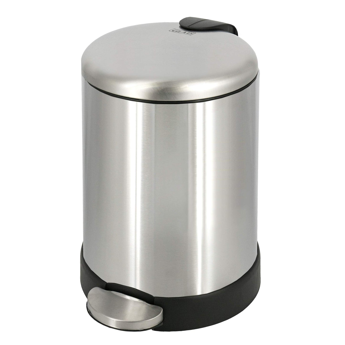 Glad Small Trash Can, 1.2 Gallon | Round Stainless Steel Garbage Bin with Soft Close Lid & Step Foot Pedal | Metal Waste Basket with Removable Inner Bucket, Stainless, 8 x 9.5 x 12 inches