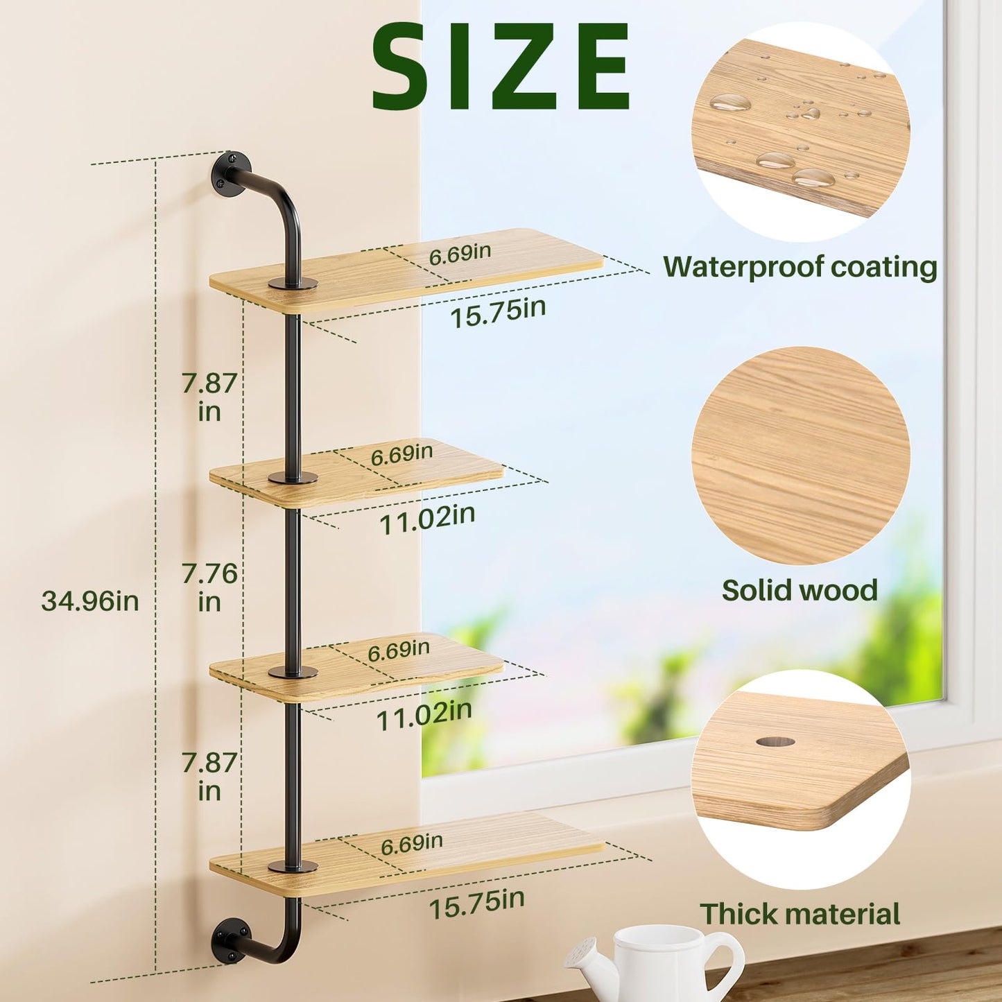 YUOROS Window Shelf for Plants, 4-Tier Rotating Window Sill Plant Shelves Stand Plant Wall Holder with Hanger