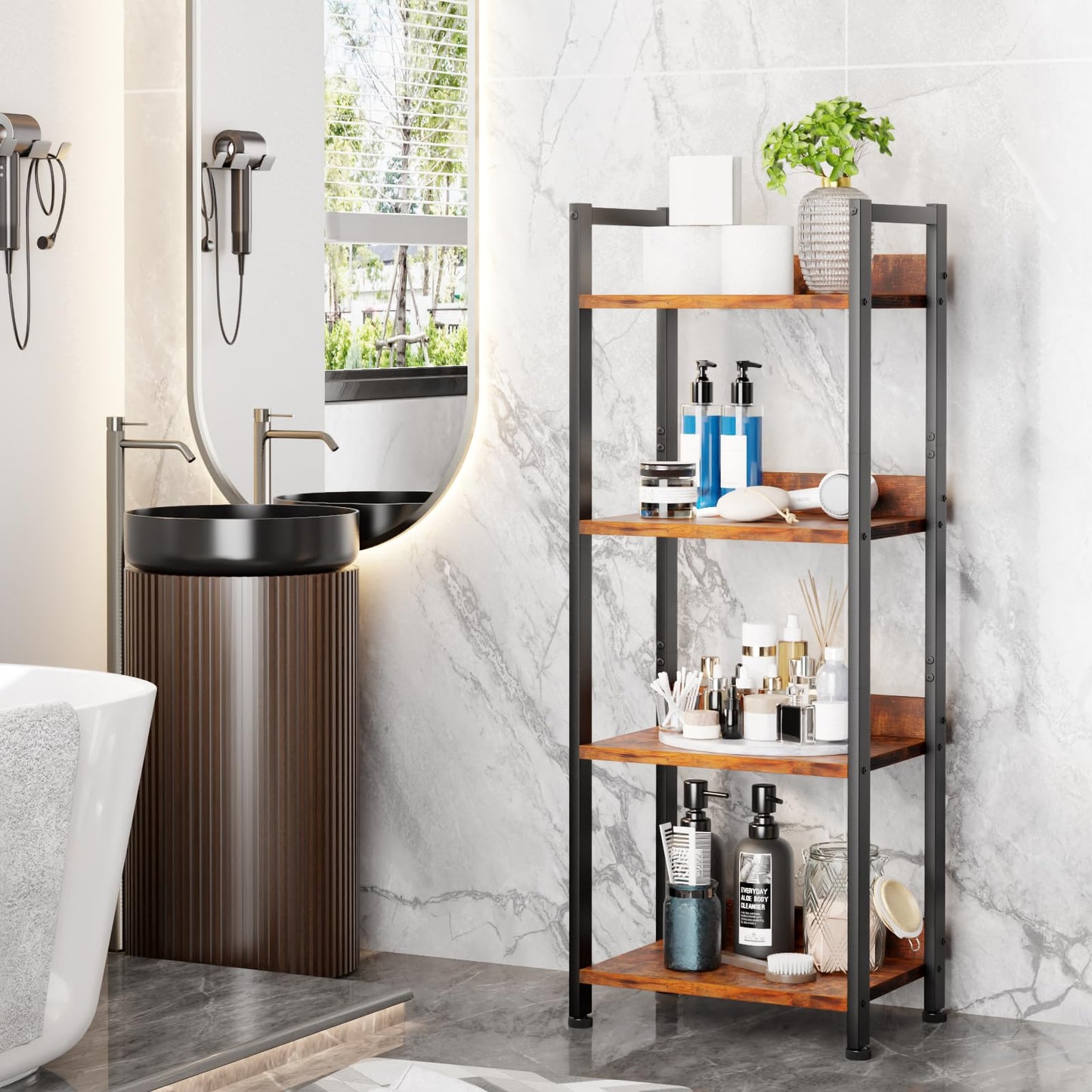 Furologee 4 Tier Bookshelf with Drawer, Tall Bookcase with Shelves, Narrow Bookshelves Storage Organizer, Wood and Metal Display Standing Shelf Unit for Bedroom, Living Room, Rustic Brown