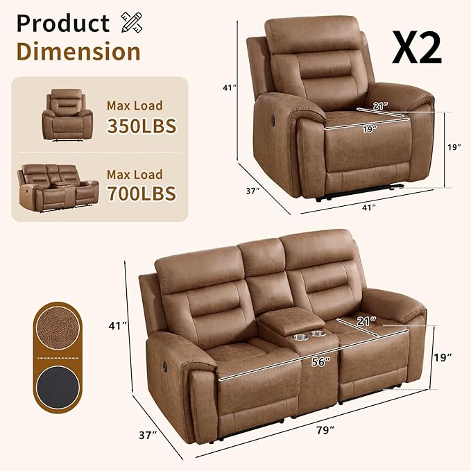 ANJ 3-Piece Faux Leather Power Recliner Sofa Set
