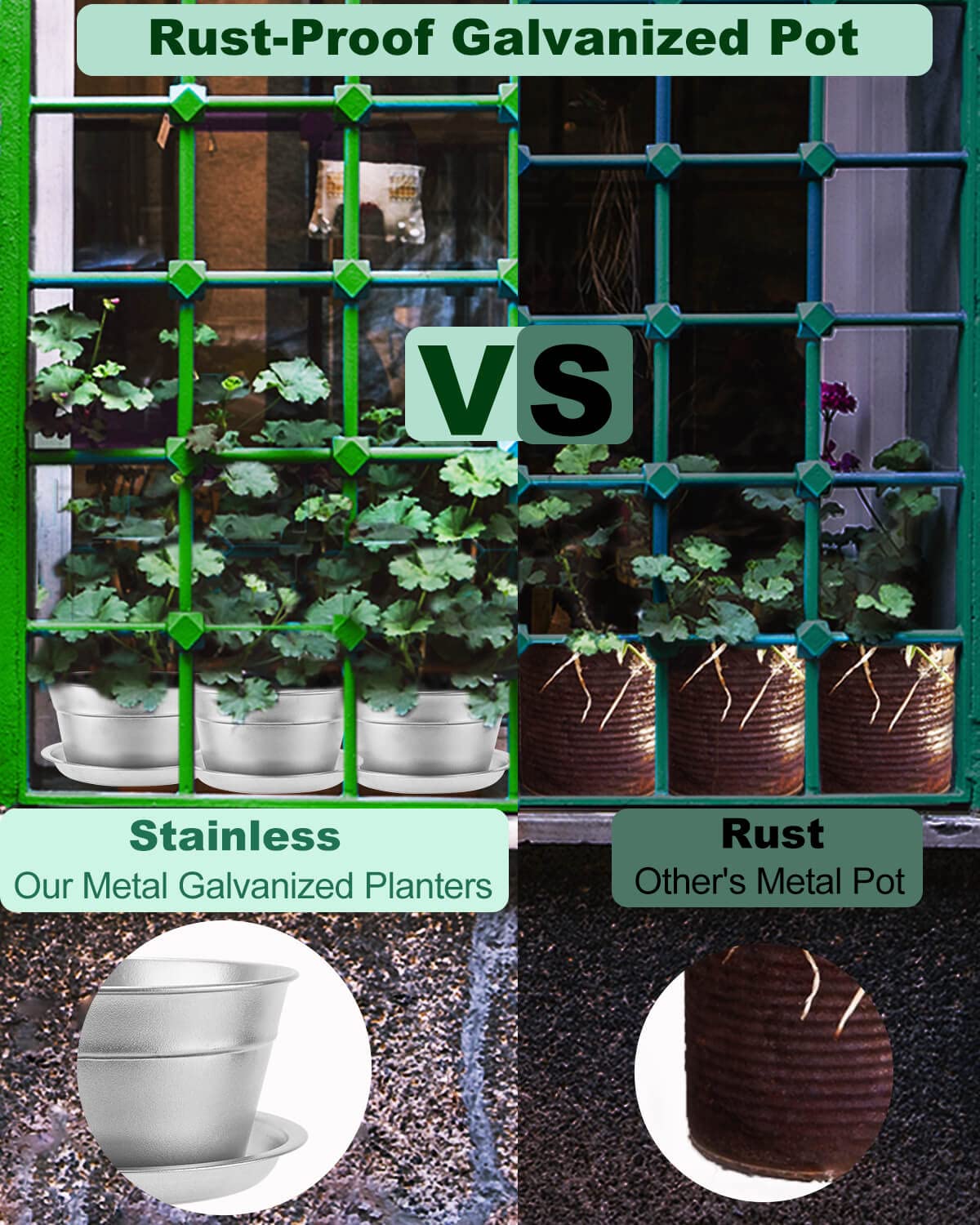 vensovo 6 Inch Silver Shallow Small Metal Plant Pots with Saucer-6 Pack Medium Metal Galvanized Flower Pot with Drainage Hole,Planter Pots with Tray Perfect for Planting and Wedding Party Decor