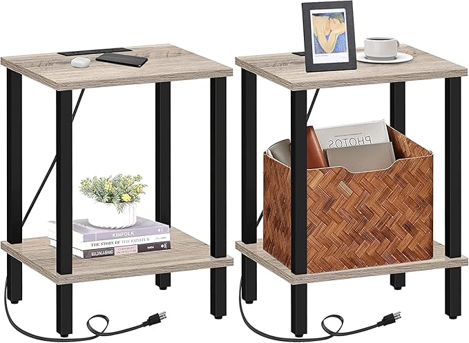 TUTOTAK End Table with Charging Station, Small Side Table, Nightstand Bedside