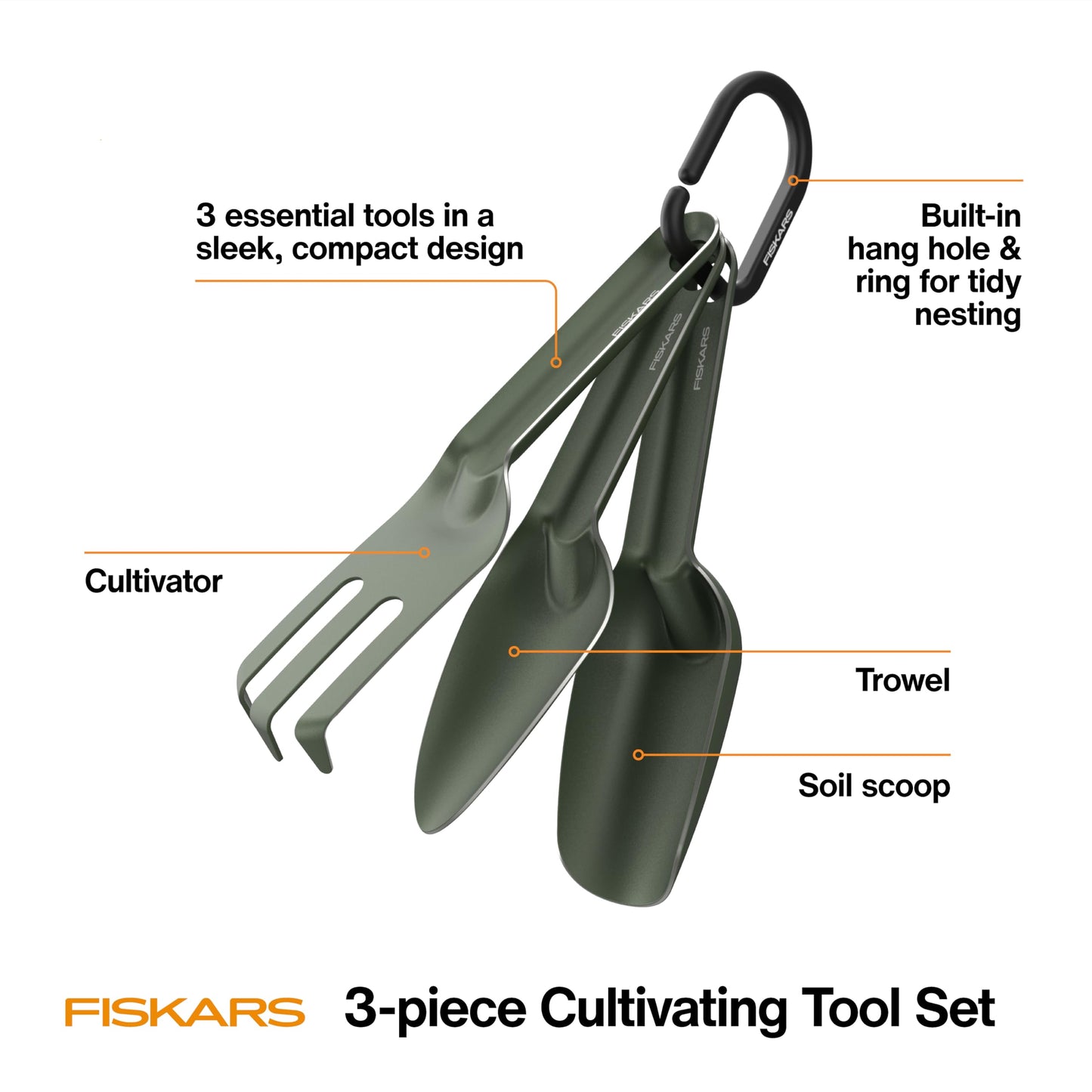 Fiskars 3-Piece Plant Cultivating Tool Set, Nesting Trowel, Soil Scoop & Cultivator for Indoor Gardening, Stainless Steel with Green Powder Coat Finish, Space Saving Design for Repotting Houseplants