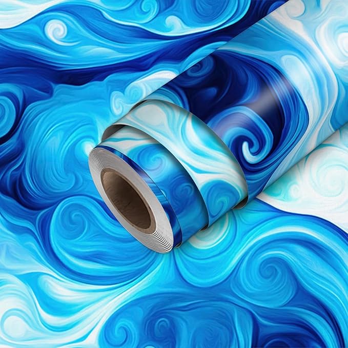 HOMETITUTE Artistic Blue Swirl Wave Pattern Wallpaper Peel and Stick Contact