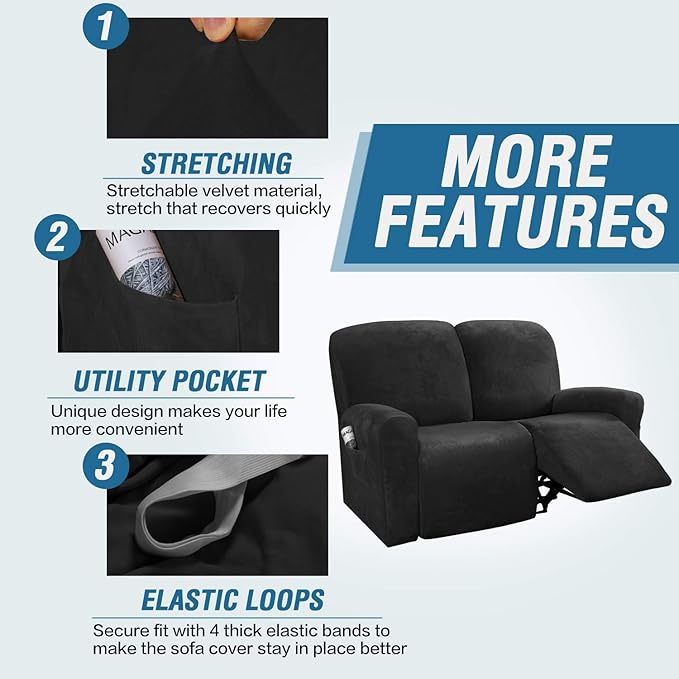 H.VERSAILTEX Velvet Stretch Recliner Couch Covers 6-Pieces Recliner Loveseat