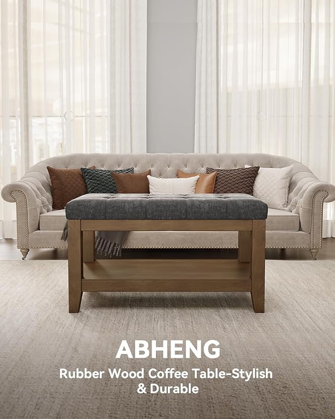 ABHENG Solid Rubber Wood Shoe Bench, Soft Chenille Material Upholstered Seat
