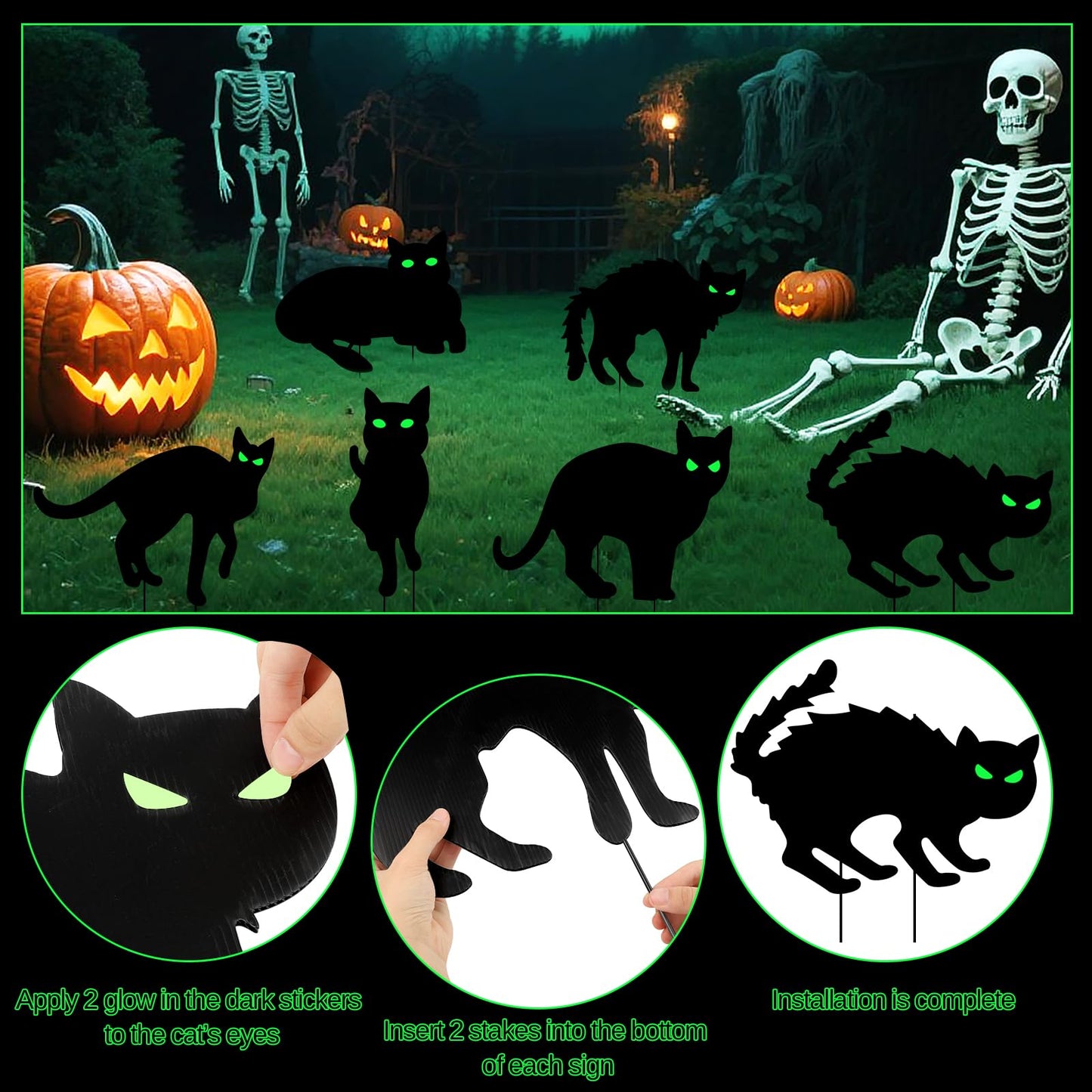 Wlicon 6 PCS Glowing Eyes Black Cat Halloween Yard Signs Halloween Black Cat Decorations Signs with Stakes and Glow-in-The-Dark Eyes Stickers Used for Outdoor Courtyard Lawn Garden Decoration