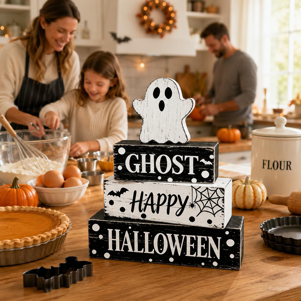 4 Pcs Ghost Halloween Decor Rustic Black and White Polka Dot Wooden Tiered Tray Block Signs Farmhouse Spooky Halloween Table Centerpiece Decor for Home Kitchen Shelf Coffee Bar