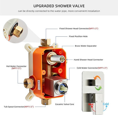 Brushed Nickel Rainfall Shower Head 8 Inch Set Faucet with Tub Spout and Handle System Square Wall Mount for Bathroom