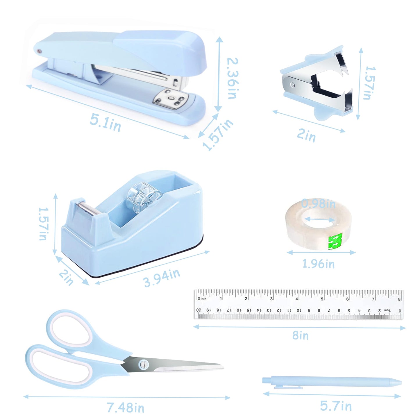 Dimonluce Blue Desk Accessories, Blue Office Supplies Accessories with Tape Dispenser, Stapler, Staple Remover, 1000 Staples, Tape, Clips Set, Ruler, Scissor, Pen