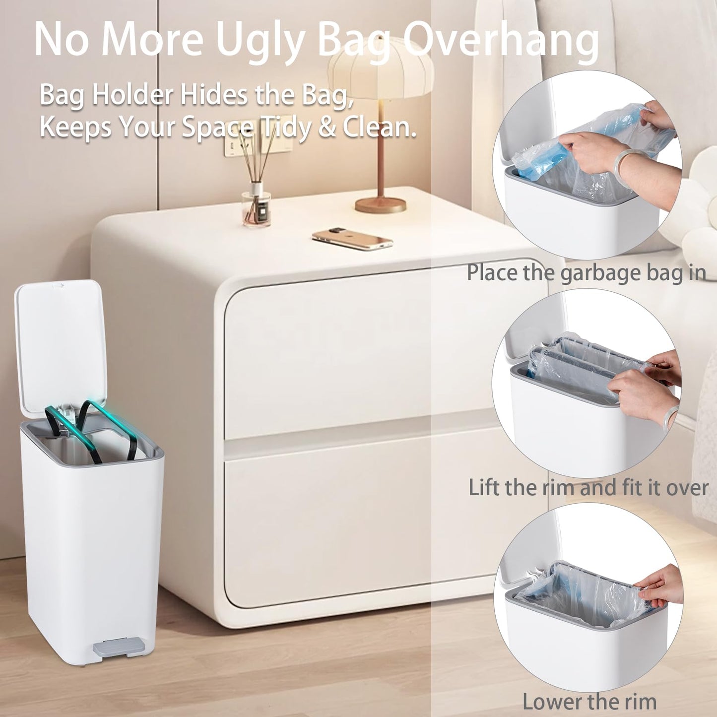 rejomiik Small Bathroom Trash Can with Lid, 2.1 Gallon Step Garbage Can with Handle, Slim Mini Wastebasket Bin for Bedroom, Office, Dorm, White