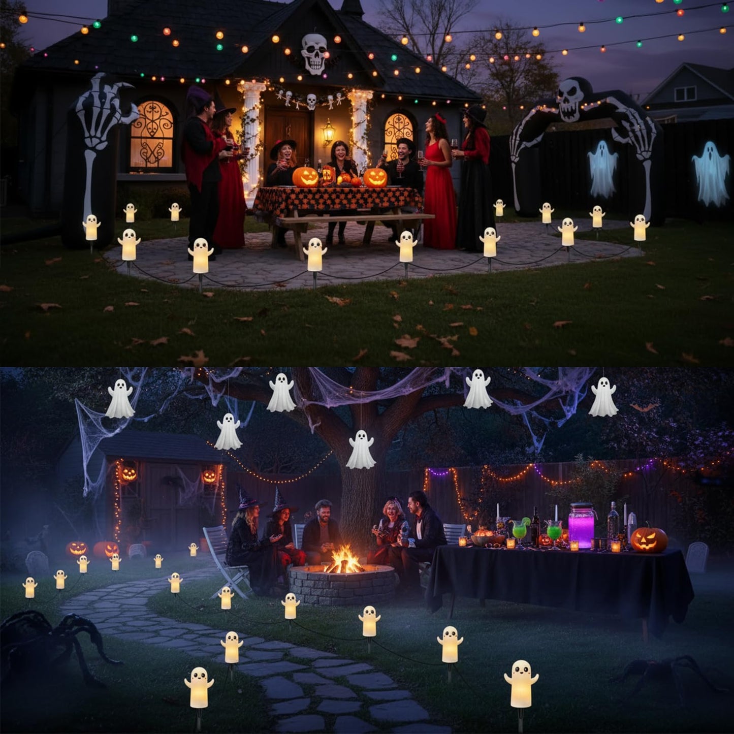 Halloween Ghosts Pathway Lights,4 Pack Ghosts Stake Lights with C7 Clear Bulbs,7Ft Extendable Waterproof Walkway Lights Halloween Decor for Yard Porch Lawn Pathway Garden