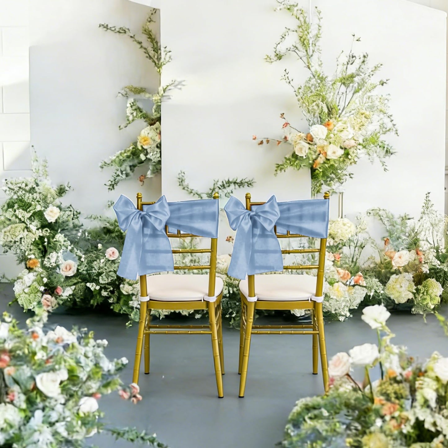 REWOMC 60 PCS 7x78 Inch Dusty Blue Satin Chair Sashes Bows Suitable for Various Occasions Such as Weddings Banquets Parties, Graduation Ceremonies Etc