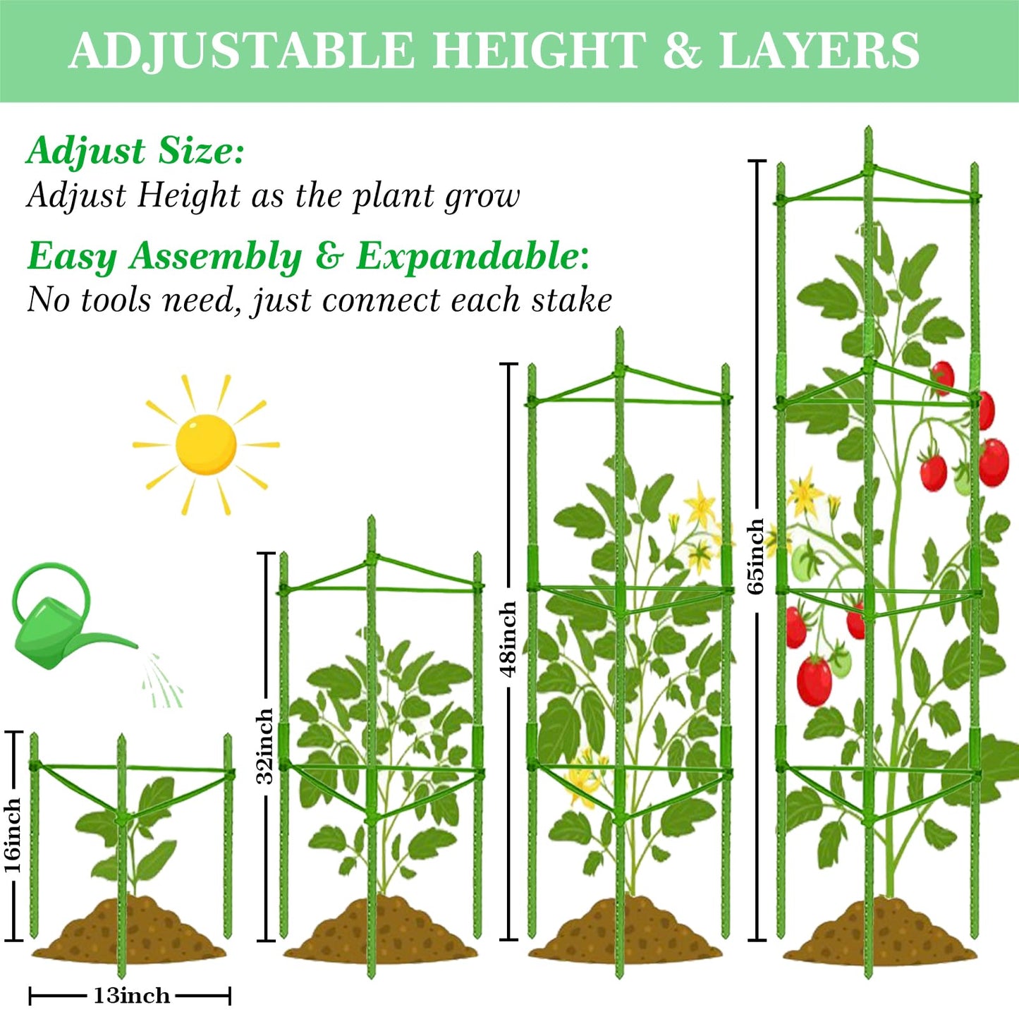 Moirsunt 66Inch Tall Tomato Cage for Garden, 4Pack Plant Support Heavy-Duty Garden Stakes, Tomato Trellis for Potted Plants, Height Adjustable Tomato Cage Trellis for Climbing Plants Flowers