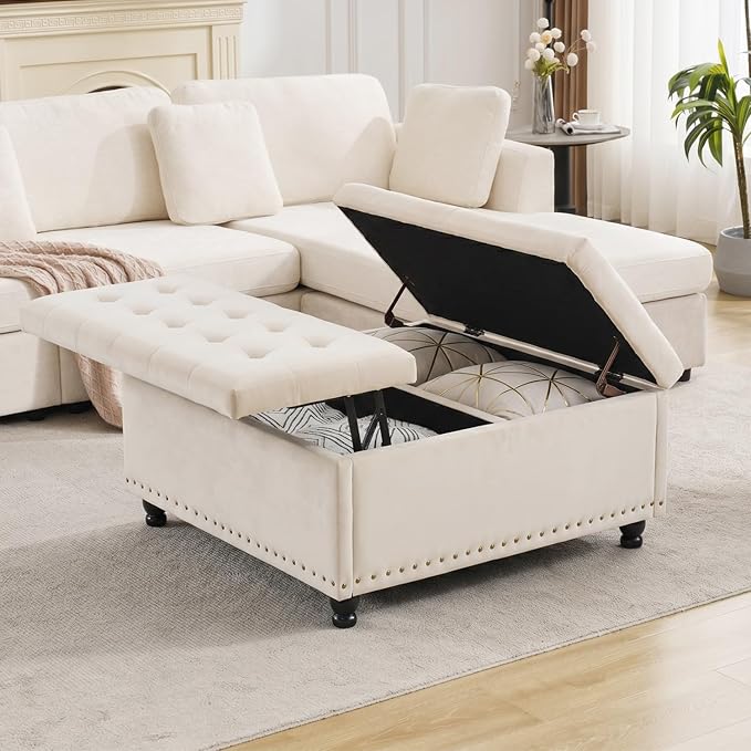 Tbfit Large Square Storage Ottoman Bench, Tufted Upholstered Coffee Table