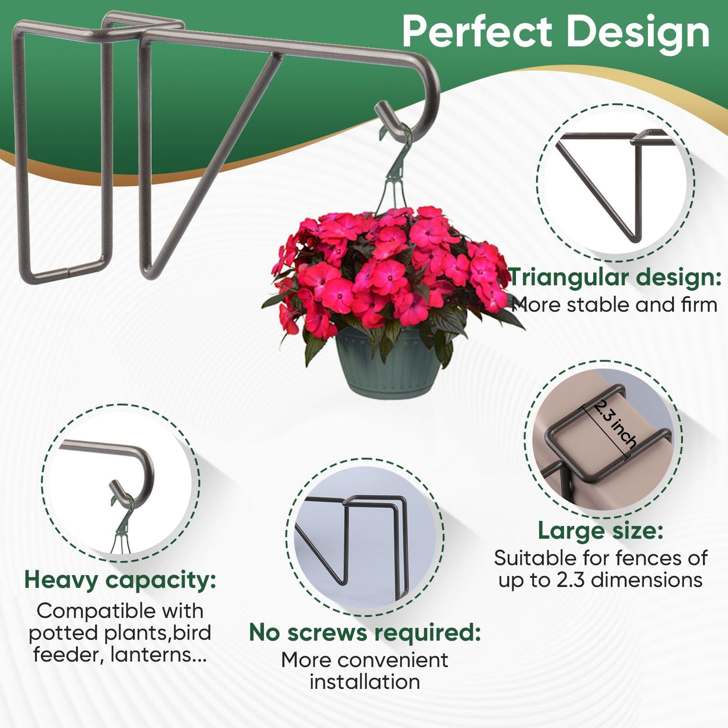 Gicare 4 Pack Vinyl Fence Hooks, Heavy Duty Durable Brown Fence Plant Hangers for Outdoor, Patio Hooks, Over The Fence Hook for Hanging Plants, Flower Baskets, Bird feeders, Lights, Pool Equipment