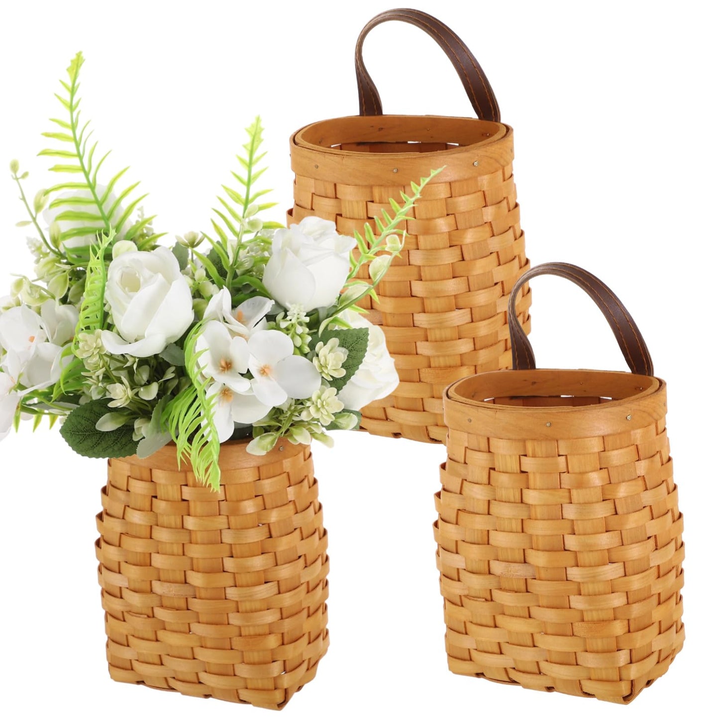 3 PCS Small Wall Hanging Baskets, Woven Wood Basket with PU Leather Handle, Rustic Hanging Organizer for Flowers, Plants, Kitchen Utensils, Farmhouse Wall Decor for Porch, Room