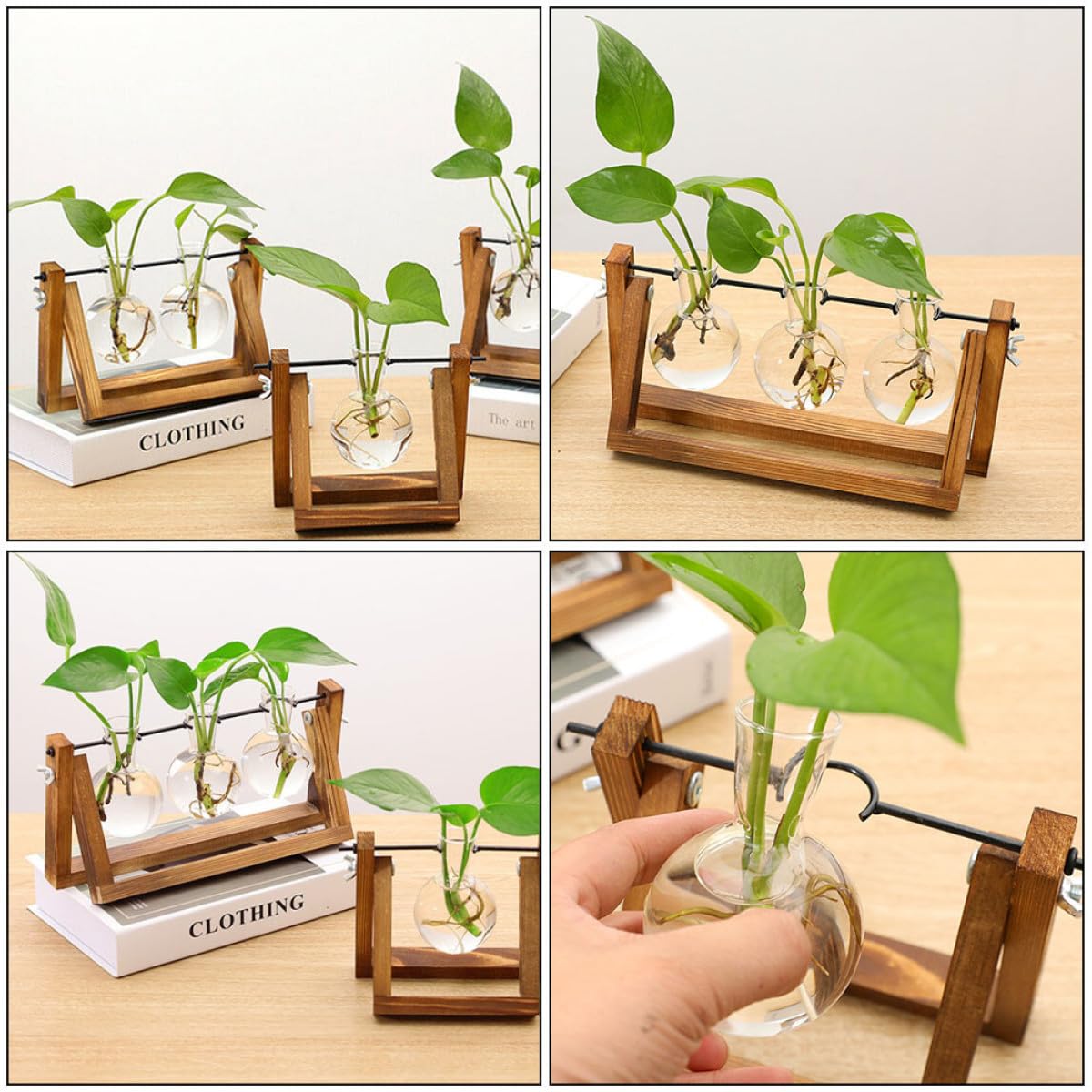 Cabilock Glass Hydroponic Vase Planter with Wooden Stand, Desktop Decorative Green Plant Container for Home and Office Flower Arrangement
