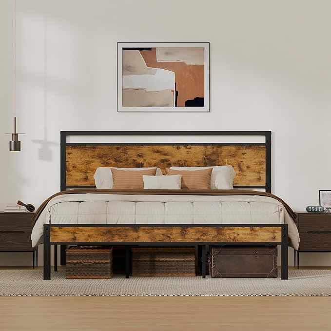King Metal Bed Frame with Wooden Headboard and Footboard, Heavy Duty Platform