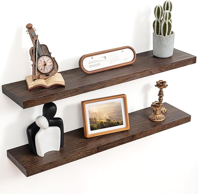 Floating Shelves for Wall Decor, 8 Inch Deep Rustic Solid Elm Wood Floating