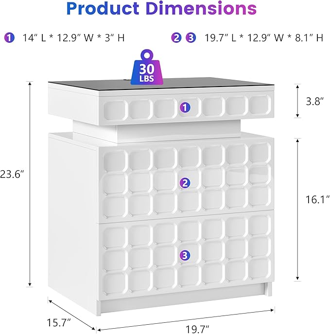 Night Stand with Charging Station and Smart RGB Lights, LED Nightstand with