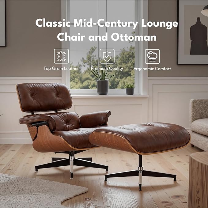 Top Grain Leather, Mid Century Chaise Lounge Chair and Ottoman, Reading Chair