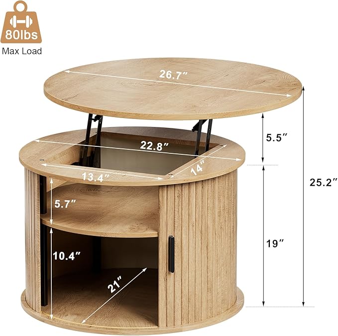 FABATO Round Lift Top Coffee Table, Fluted Wood Accent Coffee Table